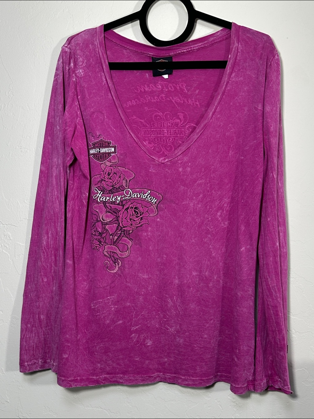 2012 Harley-Davidson Pink Rose Acid Wash Long Sleeve Deep V-Neck Graphic Tee